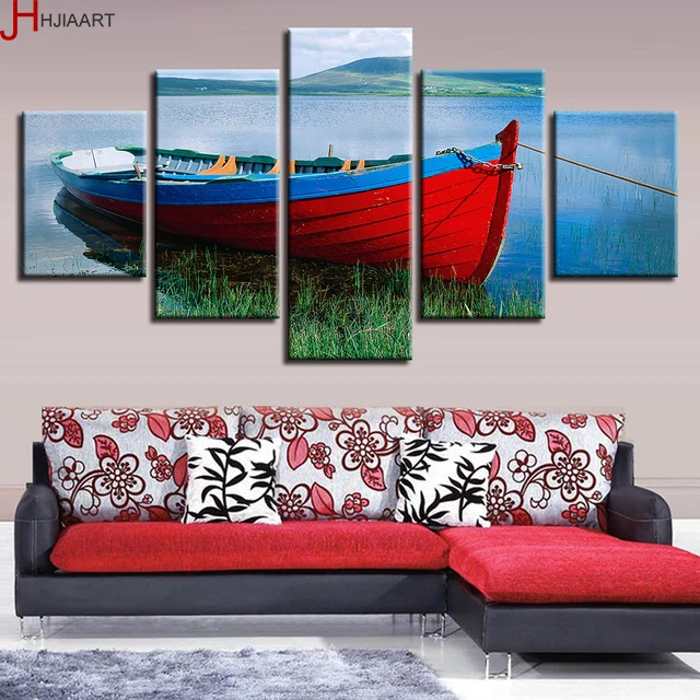 Printing Poster Modular Canvas Pictures Decor Home Living Room 5 Pieces Ship River Mountain Scenery Paintings Framework Wall Art | Дом и сад