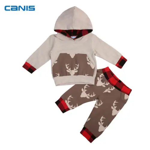 2018 2pcs Autumn Clothes Newborn Baby Boy Plaid Patchwork Long Sleeve Hooded Sweatshirt Tops Cartoon Deer Pants Outfit Set |