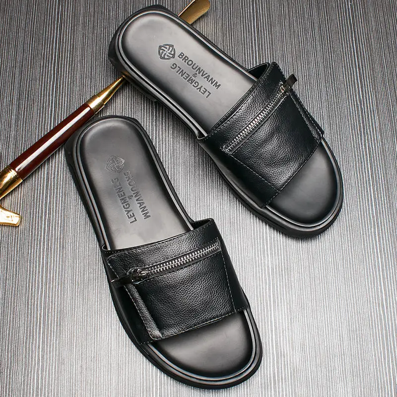 New Design Men Genuine Leather Leisure Slippers Outdoor Black Stable And Mature Man Casual Summer Sandals Slides Shoes