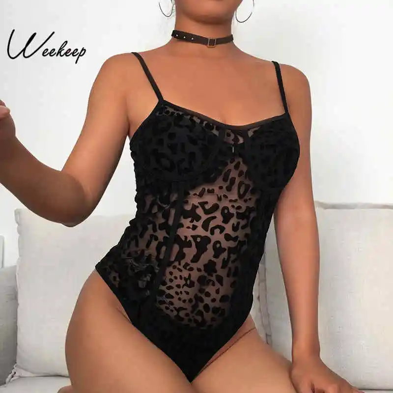 

Weekeep Black Sexy Transparent Strap Bodysuit Women Leopard Bodycon Bodysuits Party Clubwear Romper Women Jumpsuits 2019