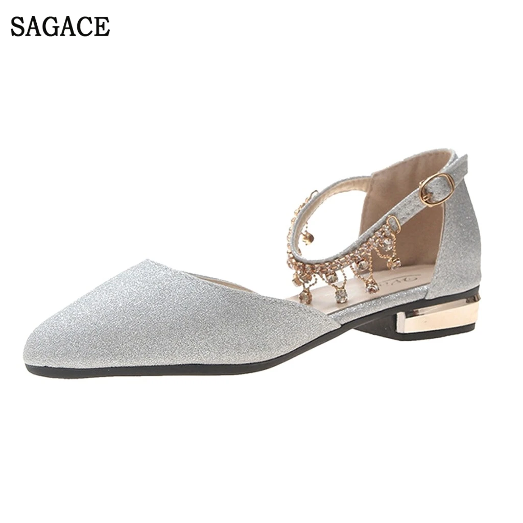 

SAGACE Charm Elegant Women Buckle Pearl Low Heel Closed Toe Sandals Shoes Squre Heel Pointed Female Ladies Party Wedding Shoes