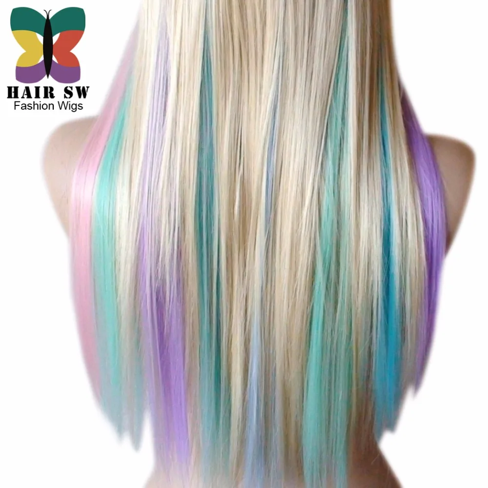 Blonde Pastel Color Highlights Rainbow Wig Multi Colorful Wig Long