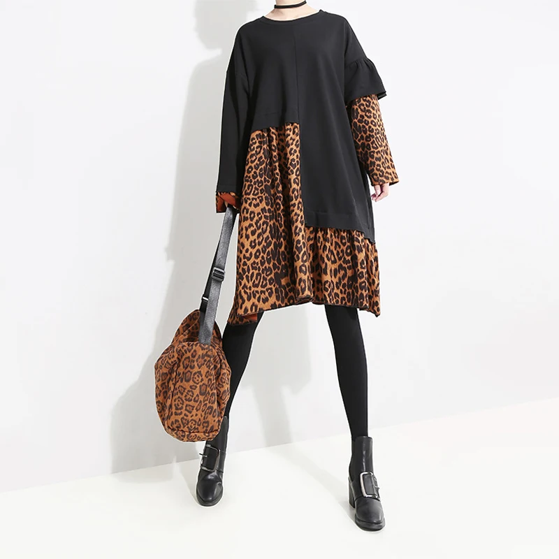 Hongsonghan 2018 new large-size leopard-print long-sleeved round-neck dress with irregular stitched in autumn winter tops tide Hongsonghan 2018 new large-size leopard-print long-sleeved round-neck dress with irregular stitched in autumn winter tops tide