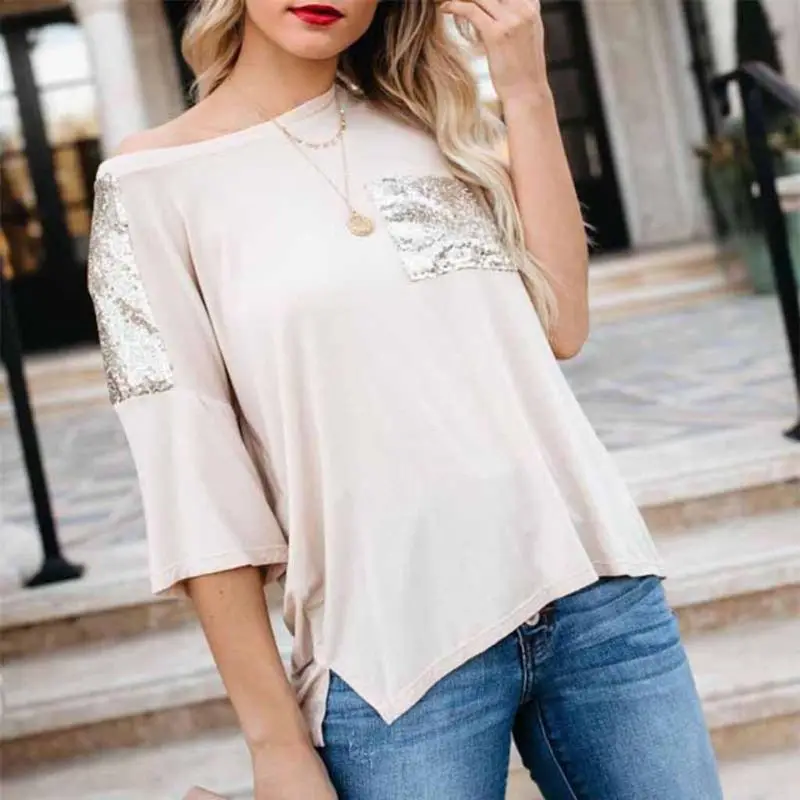 Women Summer Loose Sparkly Sequins Pocket Patched Casual Off Shoulder T-Shirt Top Party Tee Shirt Tops Women Summer Loose Sparkly Sequins Pocket Patched Casual Off Shoulder T-Shirt Top Party Tee Shirt Tops