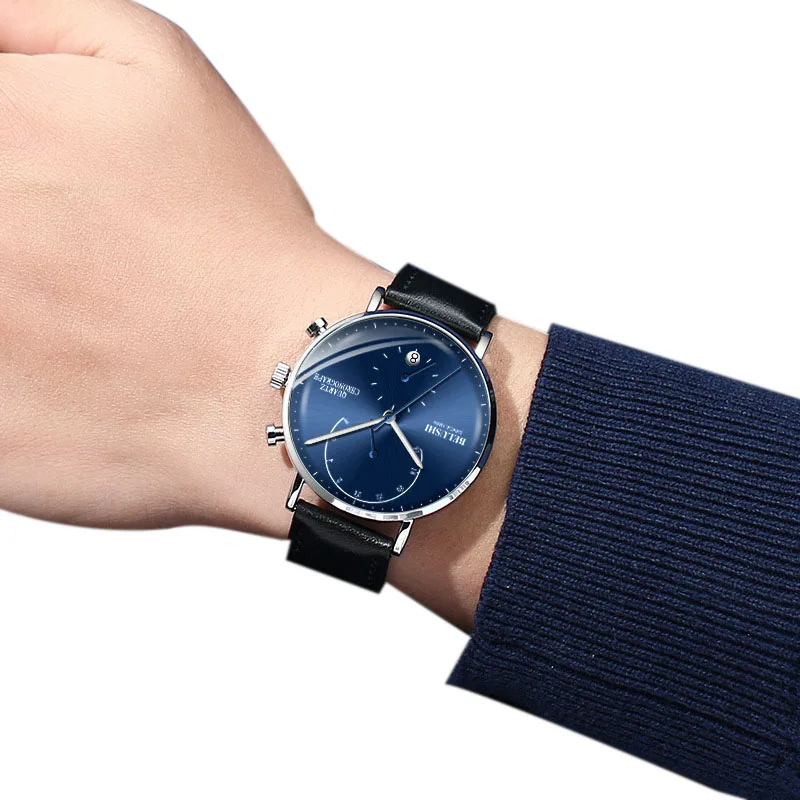 Belushi мужские водонепроницаемые часы кожаный ремешок тонкий кварцевые повседневные деловые мужские наручные часы лучший бренд Belushi мужские часы - Цвет: A1