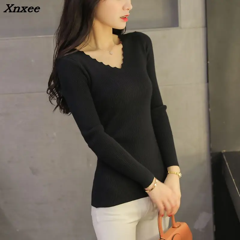 Pull Femme Hiver 2018 Autumn Winter Knitted Women Sweaters and Pullovers V Neck Long Sleeve Solid Slim Women Tops Chandail Femme