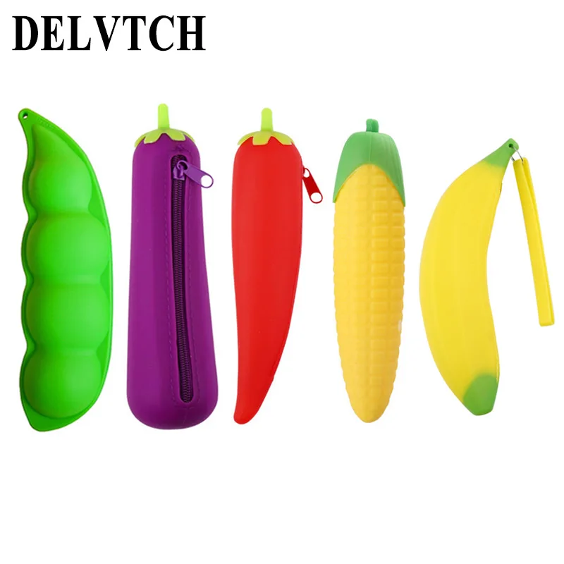 Delvitch креативный чехол для карандашей в форме кукурузы с баклажанами и горошинами, силиконовый чехол для карандашей, Студенческая сумка для карандашей, школьные канцелярские принадлежности, подарки для девочек