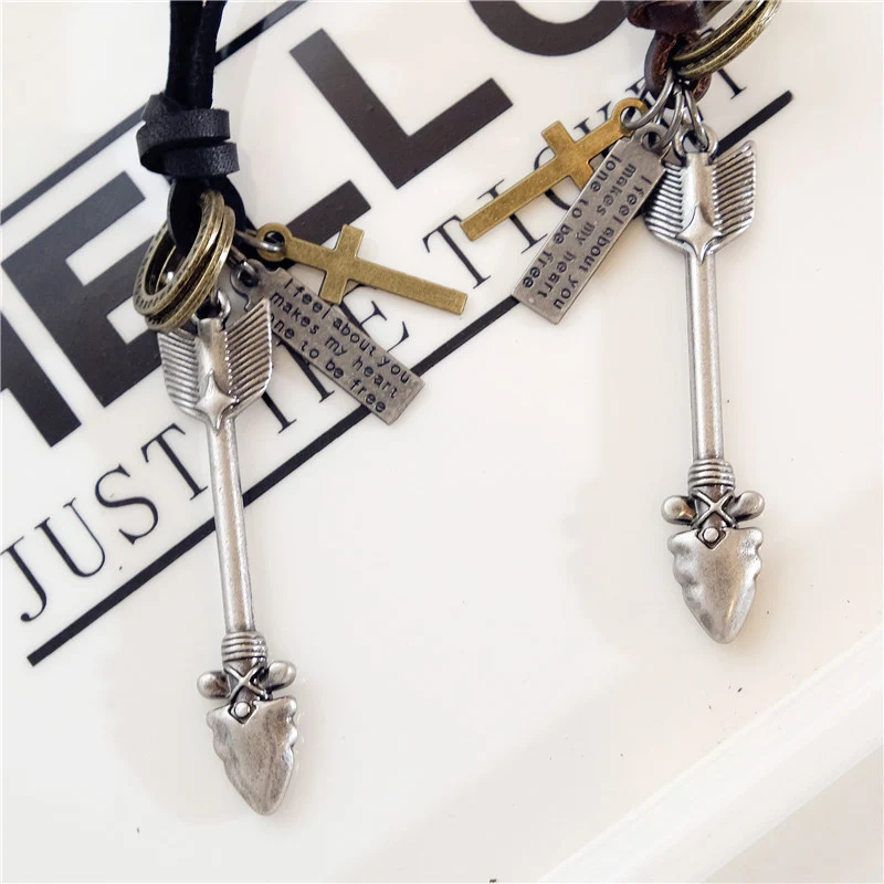 NIUYITID Arrow Feather Pendant Necklace Ancient Silver Color Men Genuine Leather Jewellery Long Rope Asjustable 40-80cm  (5)
