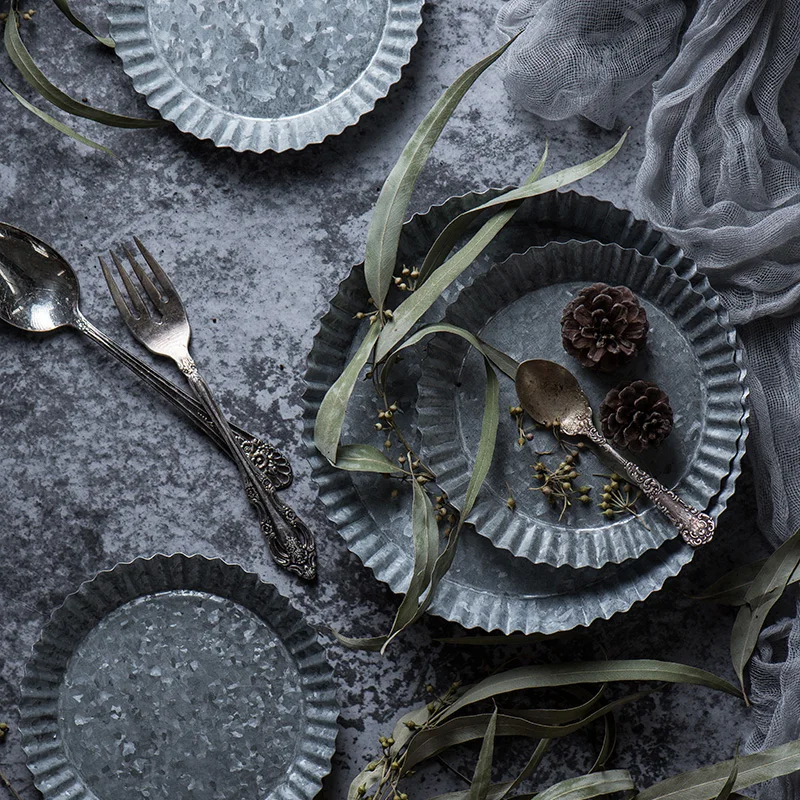 Unique Handcrafted Vintage Antique Metal Tray Ribboned Round Wrought Iron Storage Tray Rustic Retro For Home Church Wedding