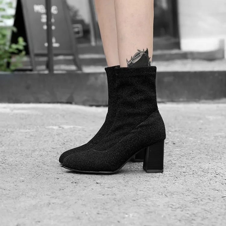 

Big Size 11 12 13 14 15 16 17 For women, the chunky high heels are slimming, comfortable, stylish and warm elastic ankle boots