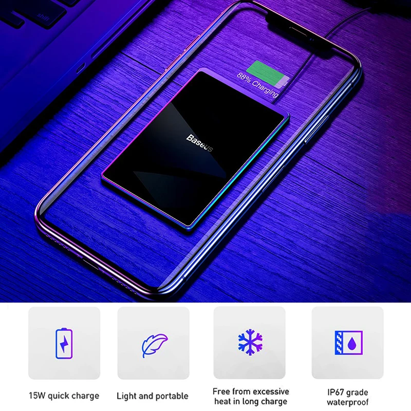 Baseus 15 Вт Qi Беспроводное зарядное устройство портативная карточная конструкция быстрая Беспроводная зарядная площадка для iPhone X XR XS samsung S10 Xiaomi Mi 9 huawei
