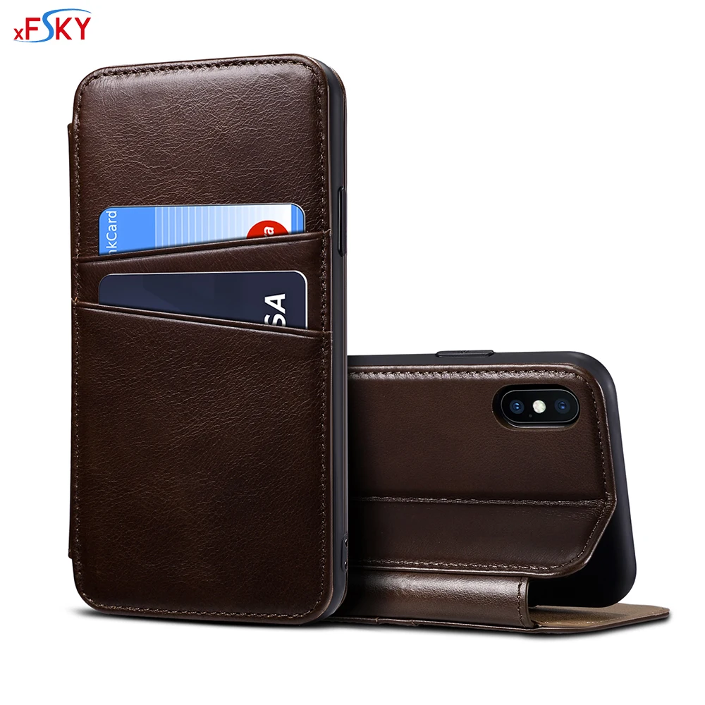 

xFSKY Luxury Texture European Real Natural Genuine Leather Flip Case For Apple iphone X Wallet Cases With Credit Card Slots