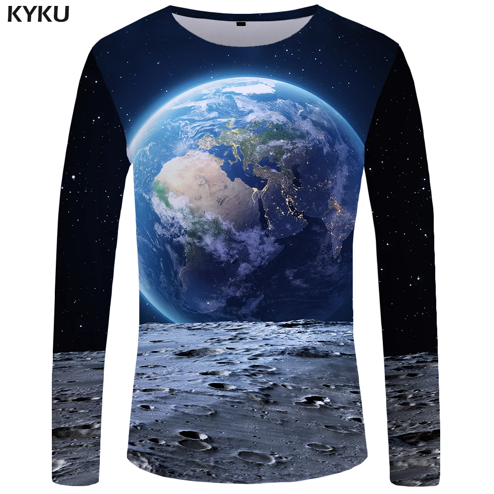 

KYKU Moon Long sleeve T shirt Earth Tshirt Space Tees Universe Funny T shirts Tops Clothes Men Print Sexy High Quality 2017