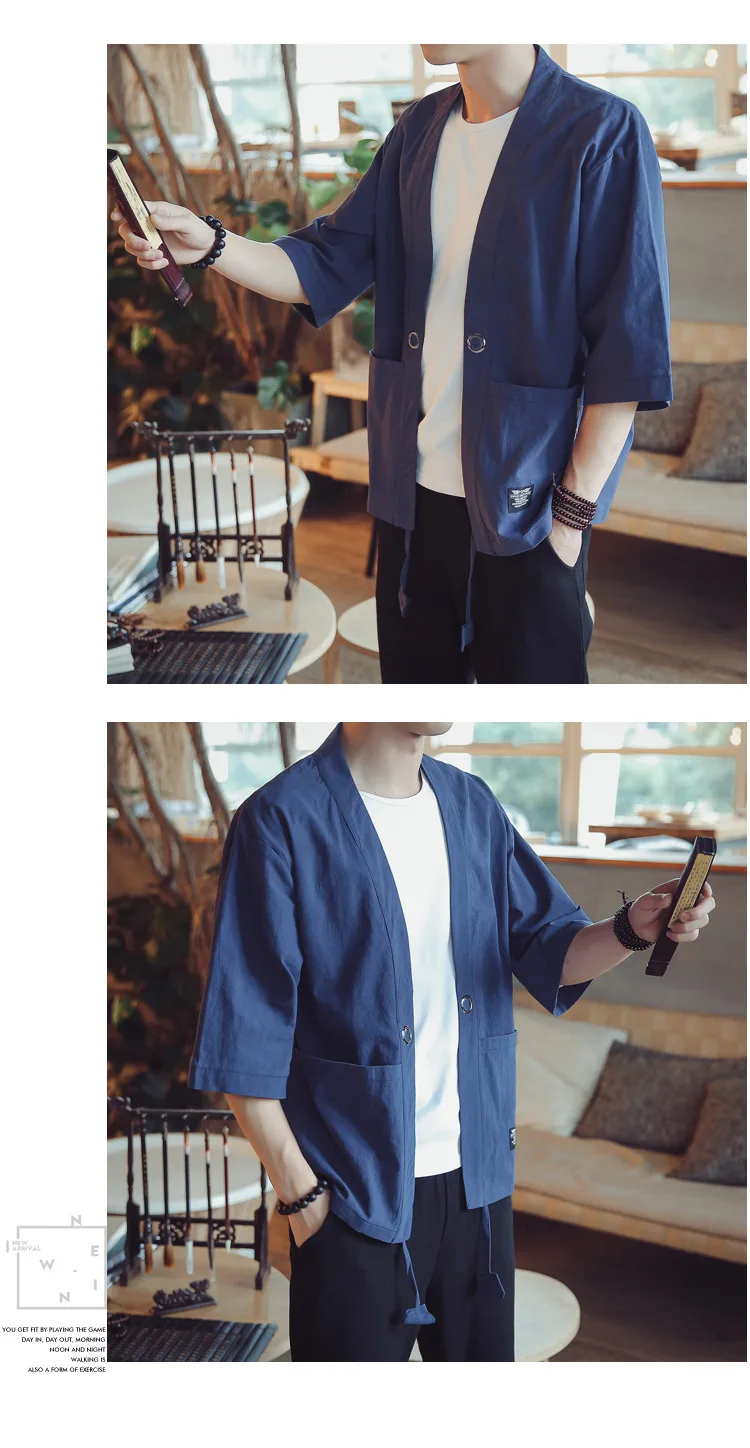 Summer Chinese Style Cotton Linen Kimono Jacket For Men Thin Sunscreen Clothes Kimono Coat Half Sleeve Outerwear hooded jacket