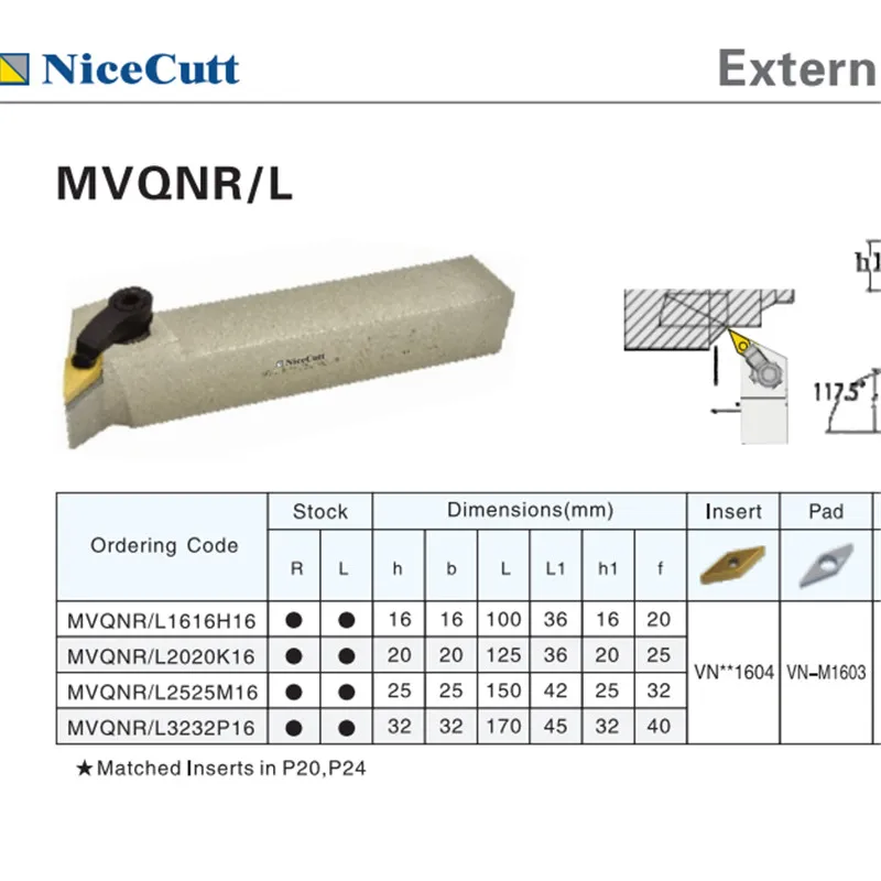 

Free Shipping MVQNR2020K16/2525M16 Nicecutt for VNMG insert Lathe Tool Holder
