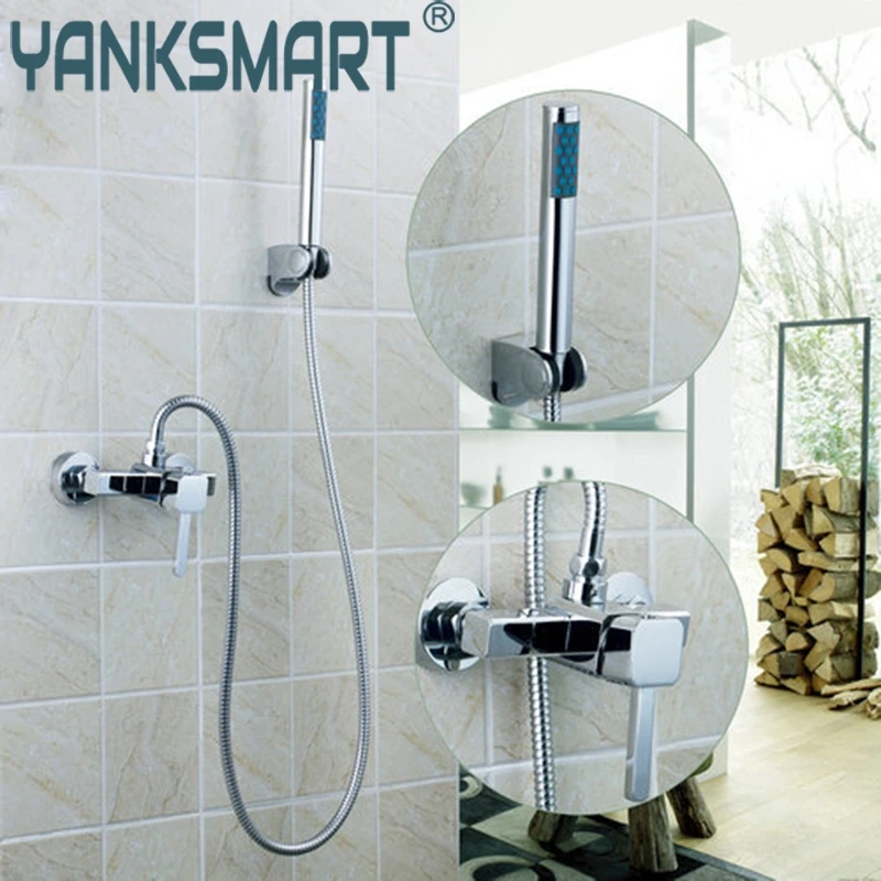 Wall Mount Ceramic Valve Chrome Brass Bathroom Bathtub Faucet +Pull Out