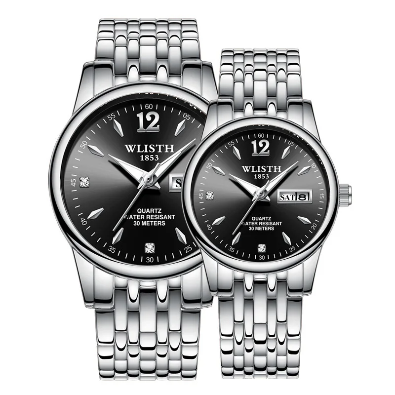 Пара часов высокого класса бизнес кварцевые наручные часы для женщин часы мужские стильные водонепроницаемые Модные модельные часы, часы для пары - Цвет: Black