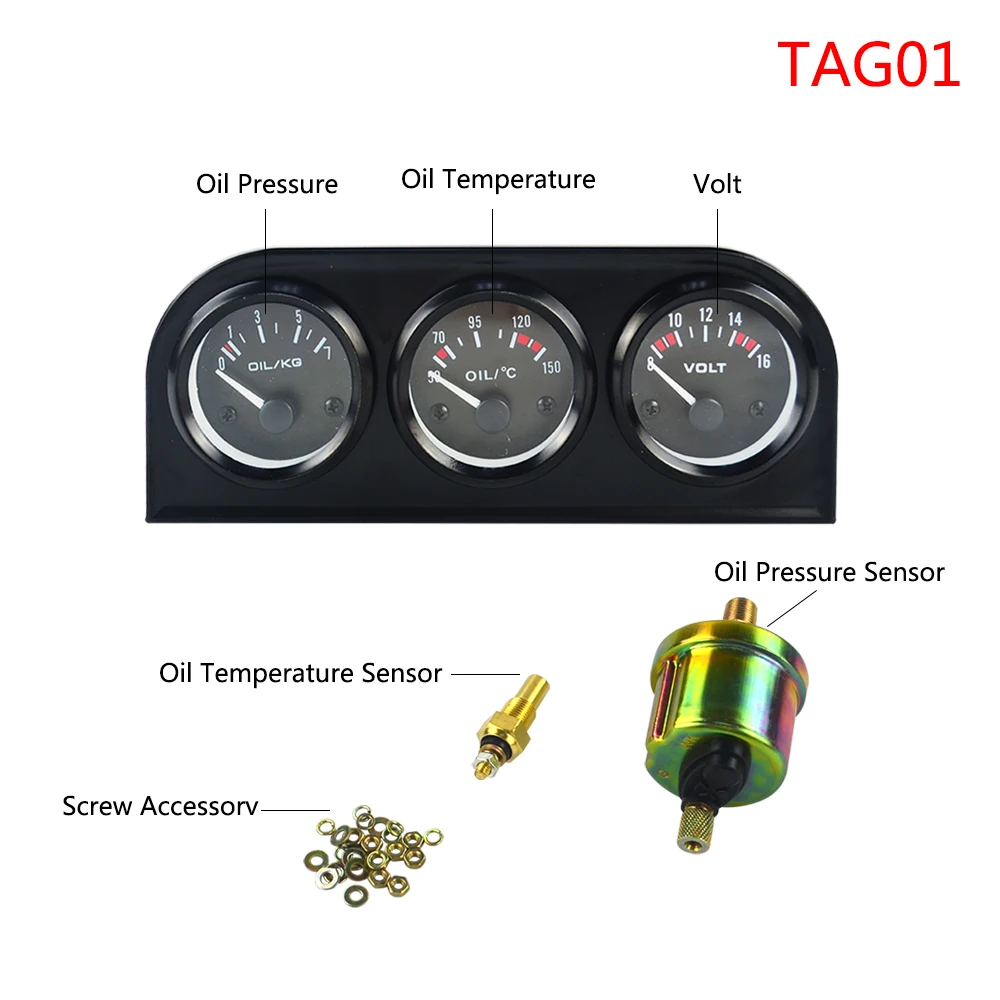52 мм 3 в 1 датчик температуры масла+ Датчик температуры воды+ Датчик давления масла комплект или вольтметр тройной метэ VR-TAG01/02/03 - Цвет: Серебристый