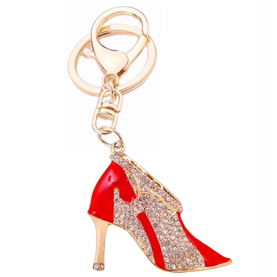 Fashion Metal Crystal High Heels Shoe Key Ring Women Bag Keyring Car