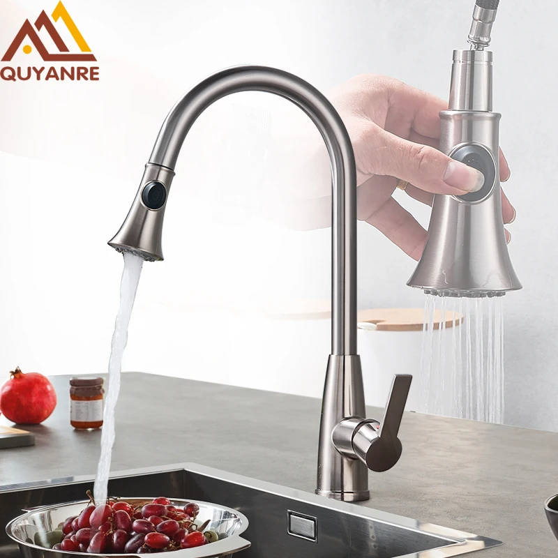 

Quyanre Lead-free Burshed Nickel Kitchen Faucet Pull Out Spray Mixer 2-Function Water Outlet Mixer Tap Kitchen Faucet Tap