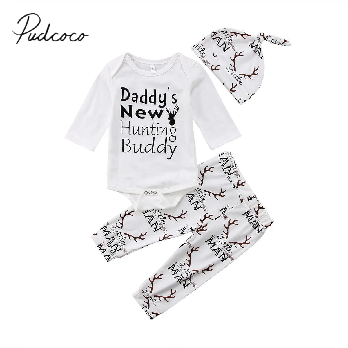 

2018 Brand New Infant Newborn Baby Boy Deers Outfits Daddy New Hunting Buddy Romper+Pants Hat Fall Winter 3Pcs Set Clothes 0-24M
