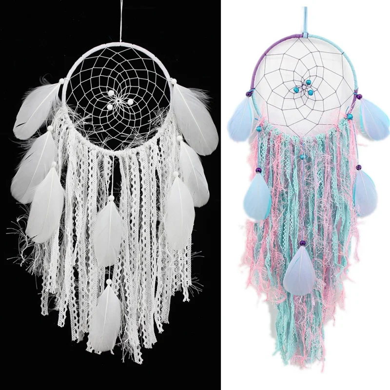 

High quality Blue Lace Feathers Dream Catcher Romantic Big Dreamcatcher Wind Chimes Home Decor