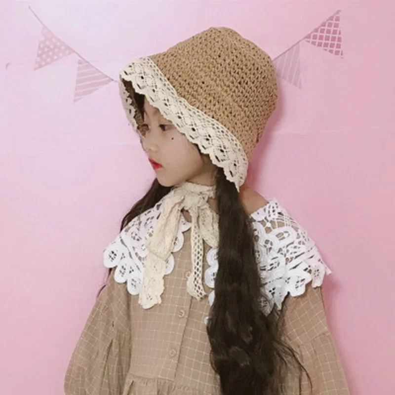 أزياء الفتيات الصيف واسعة حافة قبعة الشمس اليدوية شريطة من الدانتيل القوس قبعات من القش الفتيات قبعات من القش الصيف قبعات للحماية من الشمس ل...