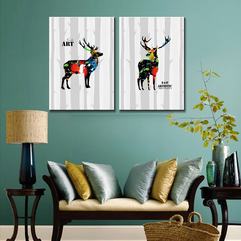 

2 Pcs/Set Abstract Animals Deers Painting Prints on Canvas Modern Mixed colors Elk Wall Art for Home Decor Christmas Gift