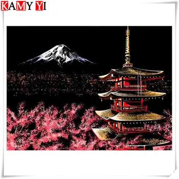 

Sakura Diamond embroidery full display rhinestone cherry on volcano photo, embroidery diamond crystal mosaic,5D Diamond painting