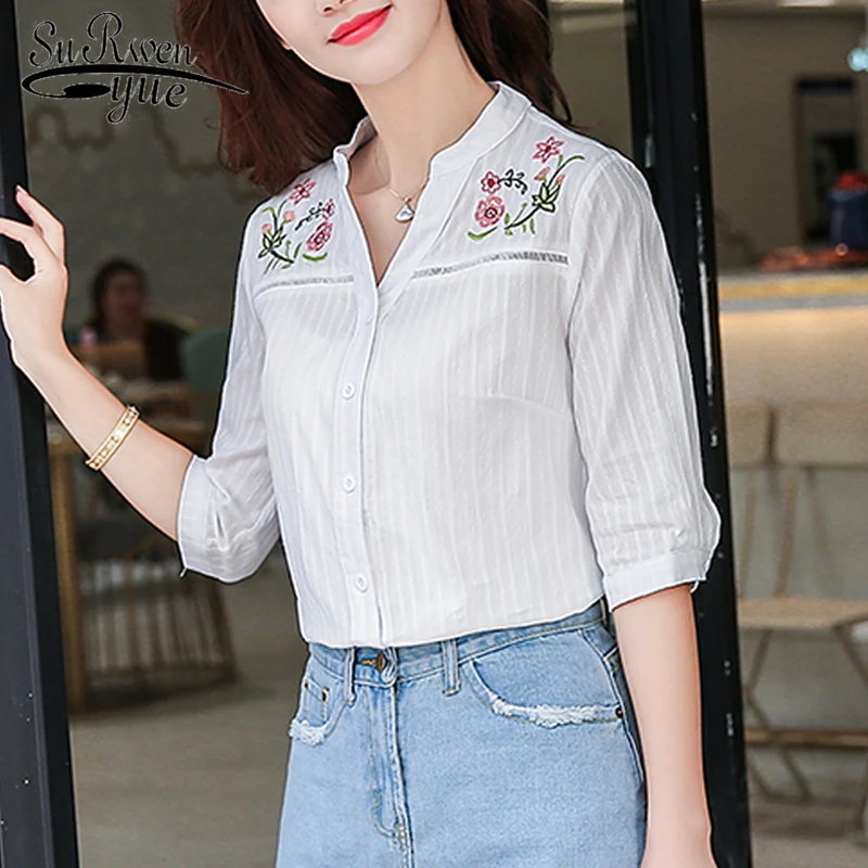 

New 2018 Spring Summer Women Blouses Shirt Elegant Sweet Lady White Hollow Embroidery V-Neck Female Shirts Tops Blusas D873 30