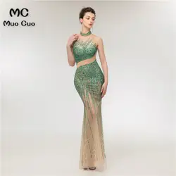 Роскоши 2018 бисером Длинные платья с высоким воротом vestido de festa Иллюзия Тюль Русалка Формальные Вечеринка платье