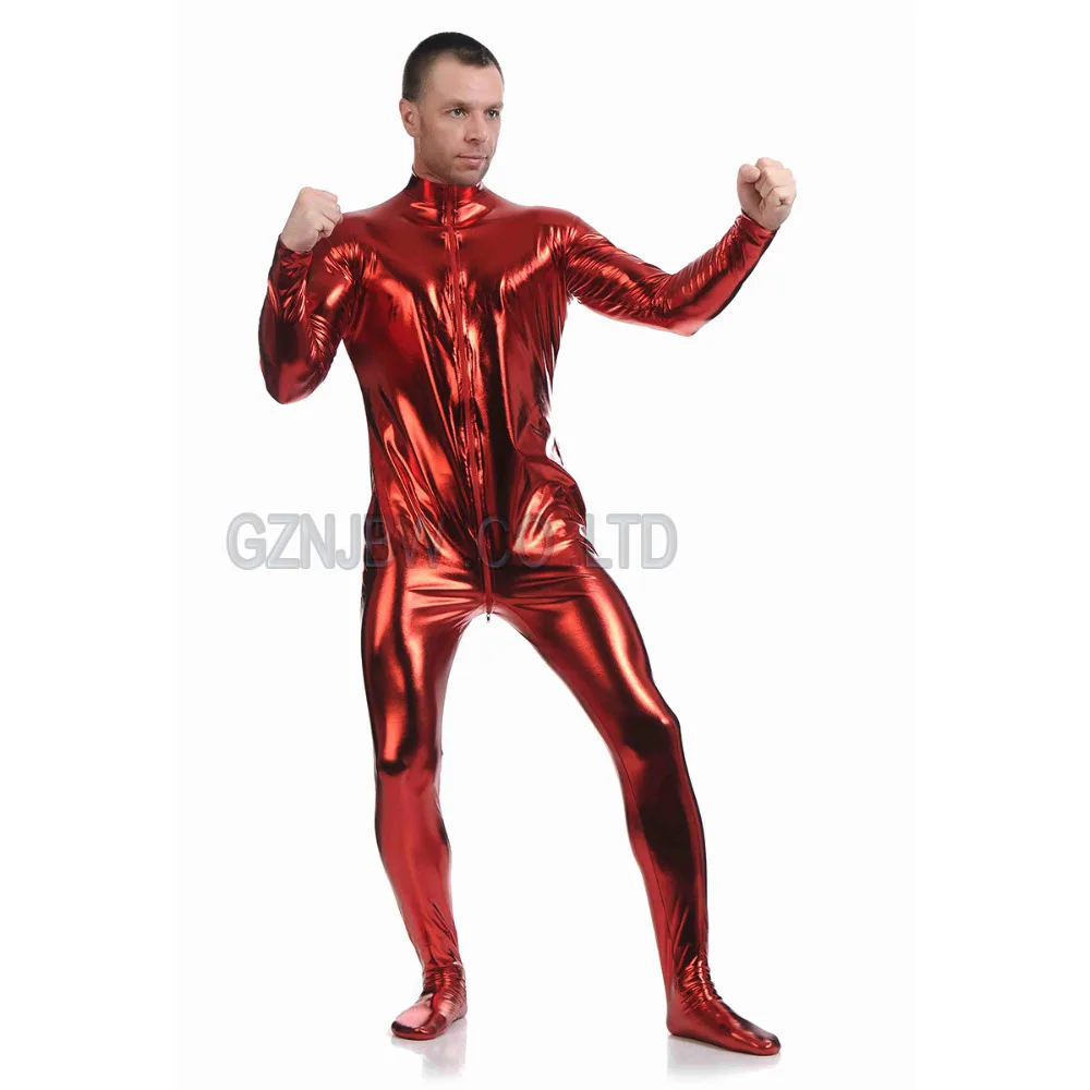 Adult Mens Faux Leather Headless Metallic Red Bright Skin Zentai