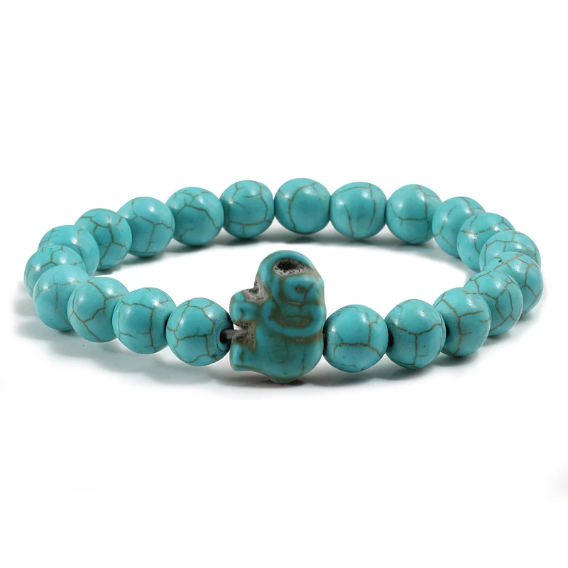 Шарм Boho голубой бирюзовый слон Браслеты Натуральный Камень 8 мм браслеты из бисера Винтажные Ювелирные изделия для медитации браслет подарок для женщин - Окраска металла: Blue