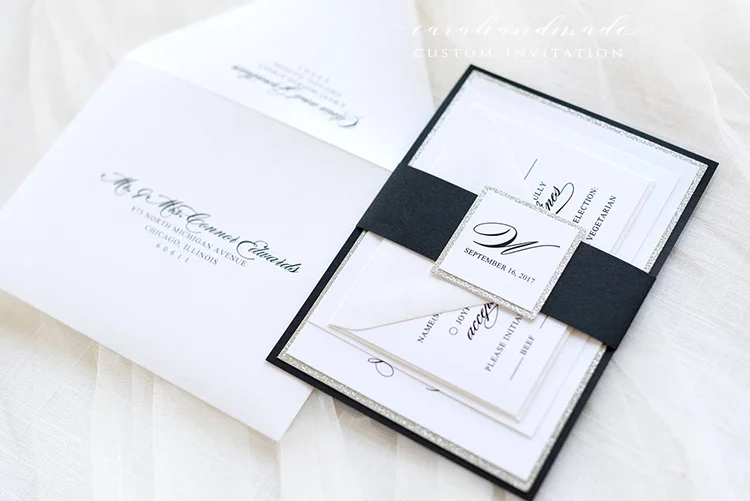 

Black, White, Silver Glitter Wedding Invitation and RSVP Card Suite - Elegant, Glam, Formal - The Soliloquy Suite CA0956