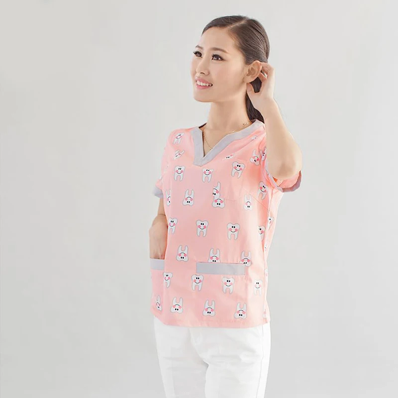 Медицинские рубашки стоматологическая клиника врач-медсестра форма с короткими рукавами хирургические халаты с цифровым принтом - Цвет: Розовый