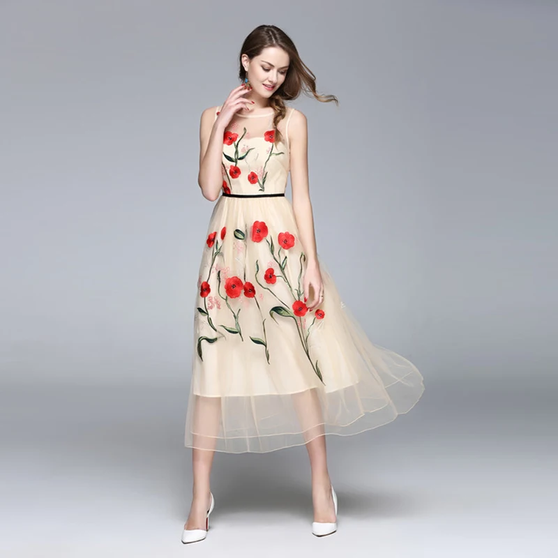 HIGH QUALITY New Fashion 2018 Designer Dress Runway Dress Women's Sleeveless Embroidery Gauze 