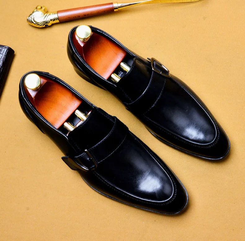 

2019 Luxury Brand Men's Dress Shoes Black Wine Red Genuine Leather Business Men Suit Shoes Footwear Buckle Formal Oxford Shoes
