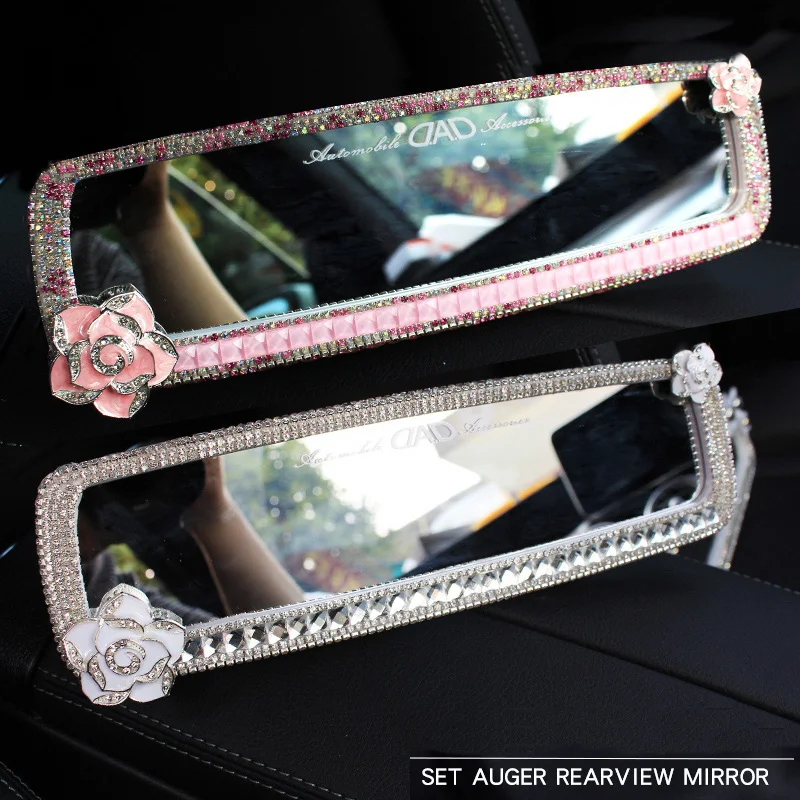 MUNIUREN Rhinestones Camellia Car Interior Rearview Mirror Decoration