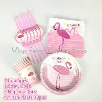 

42pcs/lot Ins Style Pink Flamingo Disposable Tableware Set Paper Cup Flag Wedding Birthday Baby Shower Party Docoration Supplies