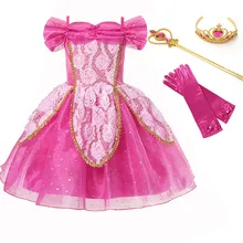 Спящая красавица Платье Авроры летняя одежда для девочек Розовые Красные кружевные цветы блесток для детской стрельбы фото платья для вечеринок для девочек