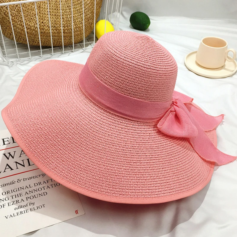 HT1680 в Корейском стиле Для женщин Летняя шляпа однотонные большой бант широкими полями ВС шляпа дамы флоппи пляжные Кепки шляпа Packable