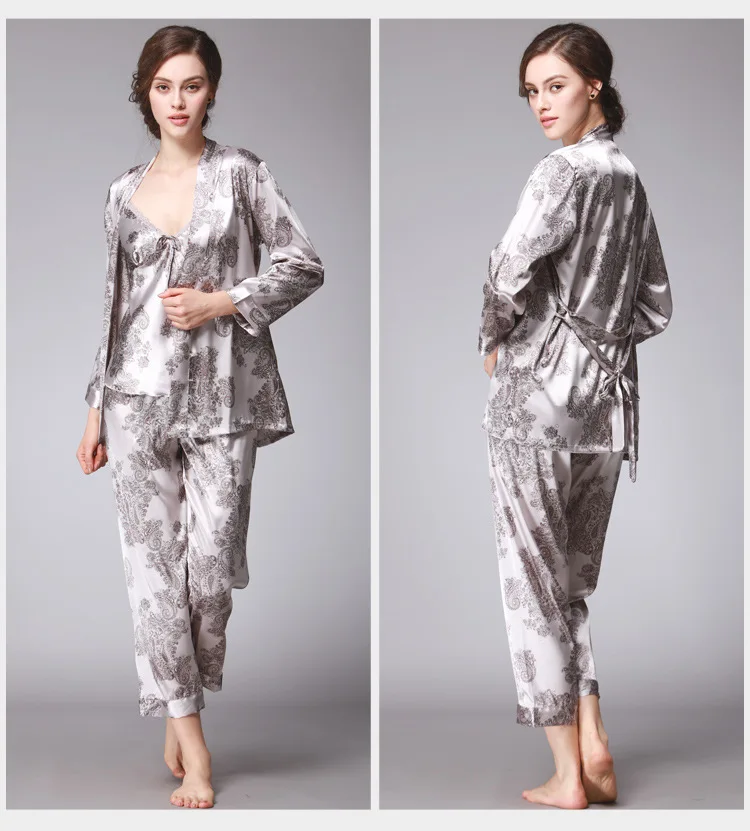 QWEEK Sexy Sleep Lounge 3 Pieces V-Neck Women Pajamas Set Elegant Print Long Sleeve Pyjamas Women Sleepwear Women Nightwear