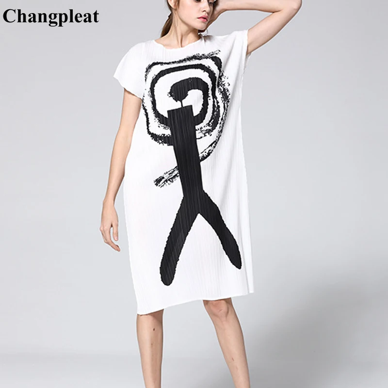 Changpleat летнее Новое Женское Платье с принтом Miyak Плиссированное модное дизайнерское свободное платье с круглым вырезом и коротким рукавом большого размера