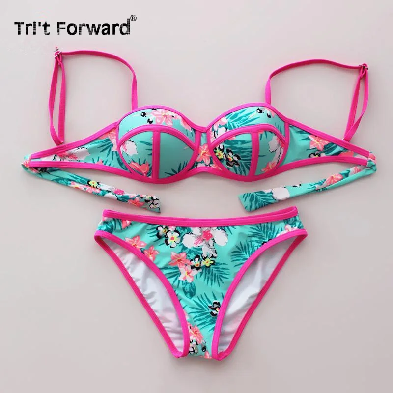 

2016 New Arrival Push Up Floral Bikini Padded Colorful Print Swimwear Patchwork Women Halter Bikini Set Brazilian Bathing Suit