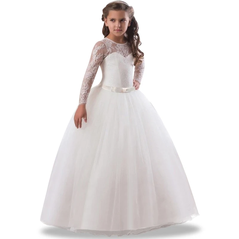 Нарядное кружевное платье с длинными рукавами и цветочным узором для девочек на день рождения, банкет, Элегантное свадебное длинное белое