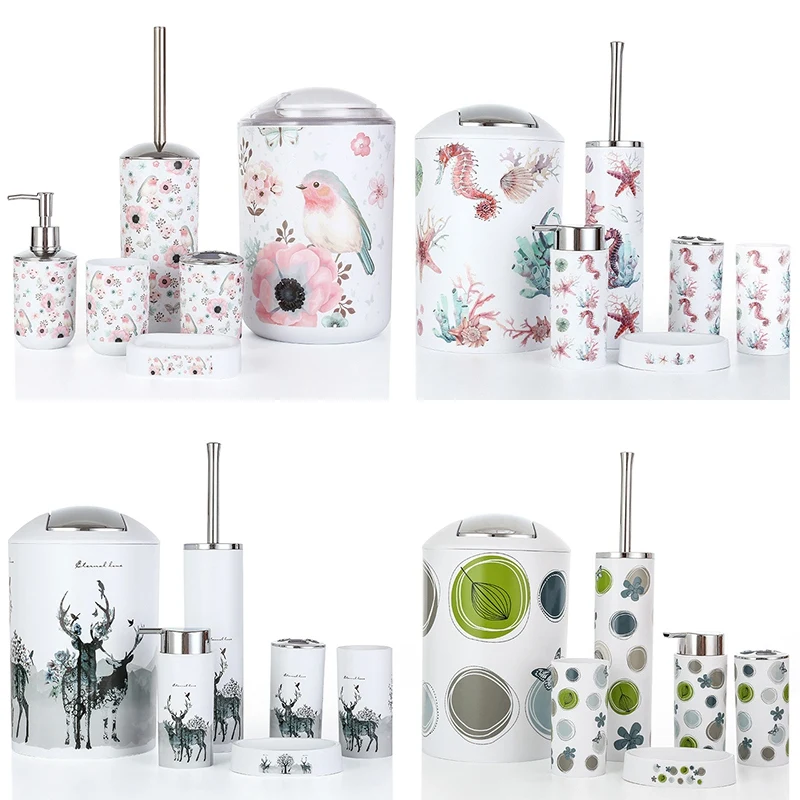 

Nordic 6pcs/set Printing Bathroom Accessory Set Lotion Dispenser Toothbrush Holder Tumbler Cup Soap Dish Toilet Brush Trash Can