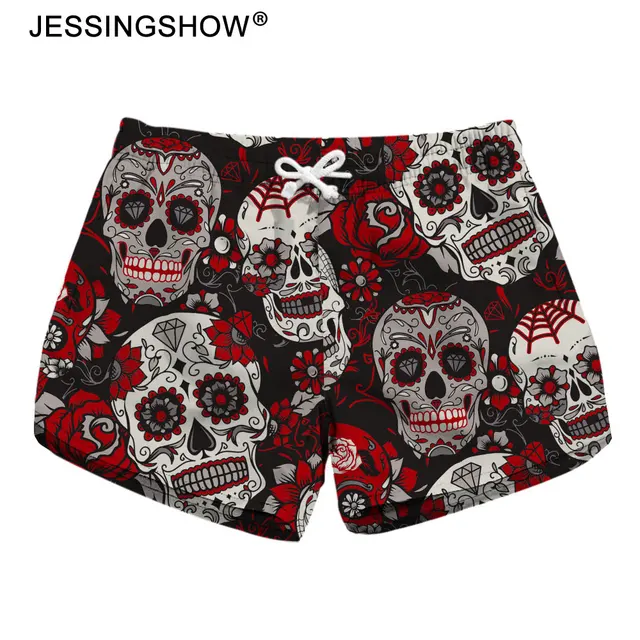 Flowers Skull Printed Women Beach Shorts Drawstring Waist Ringer Shorts 2018 Summer Sports Running Shorts