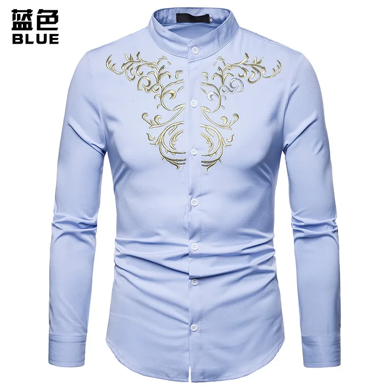 Брендовая мужская рубашка с вышивкой, рубашка с длинным рукавом, приталенная рубашка Camisa Masculina, повседневная мужская официальная рубашка с воротником-стойкой - Цвет: A09-Light Blue Shirt