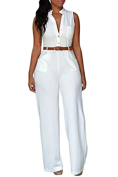 

Wontive Dropship Women Jumpsuit Long Pants Rompers Sleeveless V-neck Wide Leg Pants Jumpsuirt With Belt Sexy Club Party Overalls