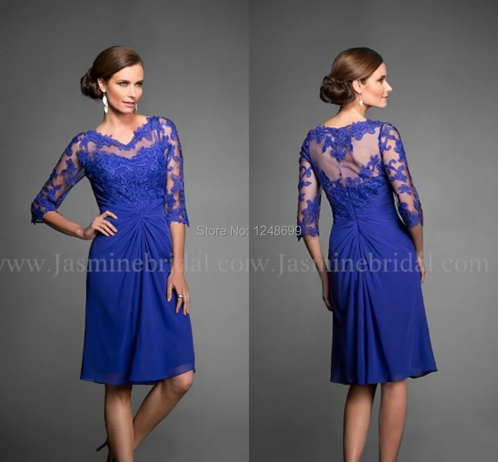 2015 Popular Royal Blue Mother of the Bride Dress Knee Length 3/4 Long